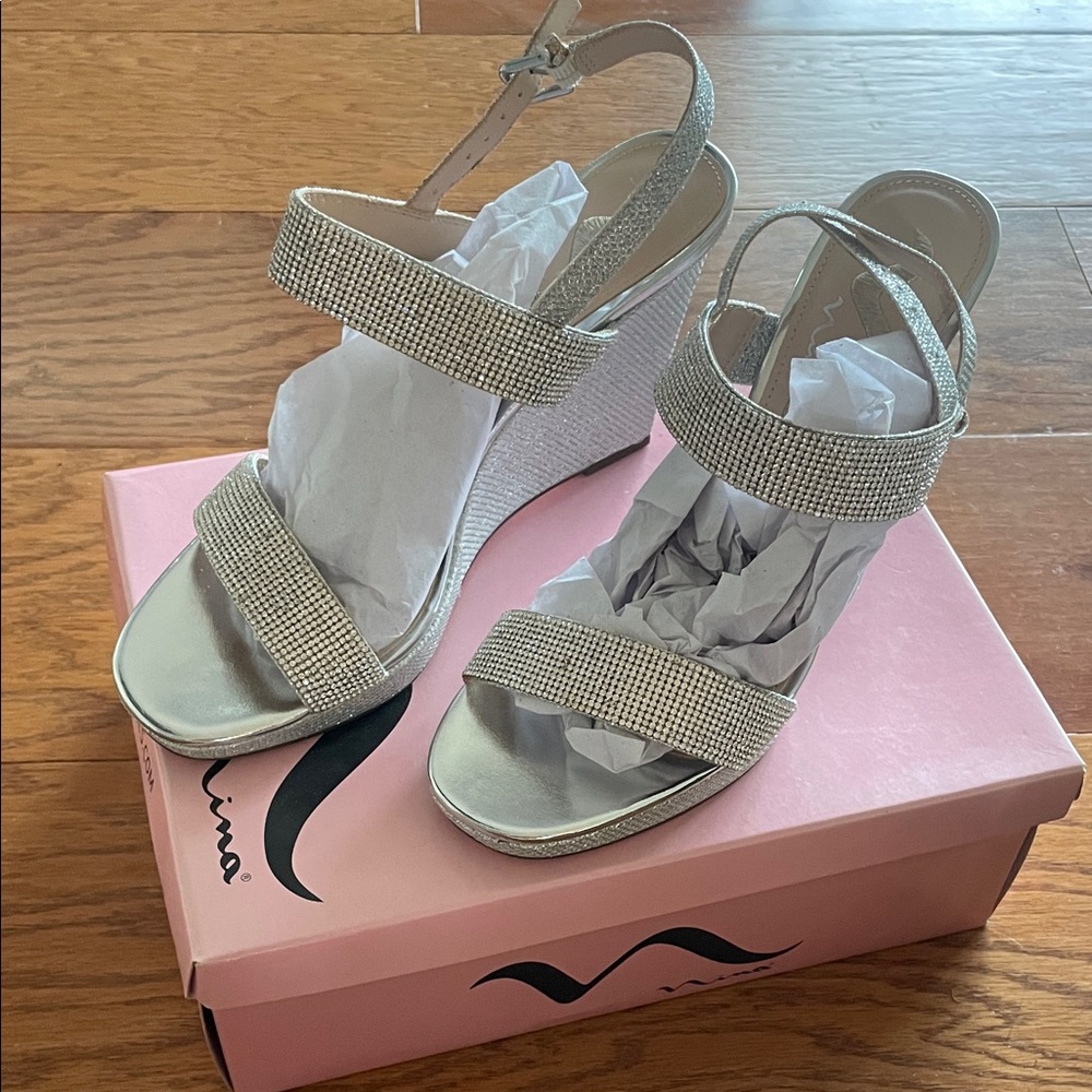 Nina Silver Rhinestone Wedge Heels